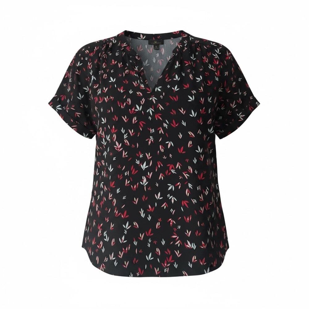 Worthington Womens Large Black Floral Leaf Print Flutter Sleeve Blouse